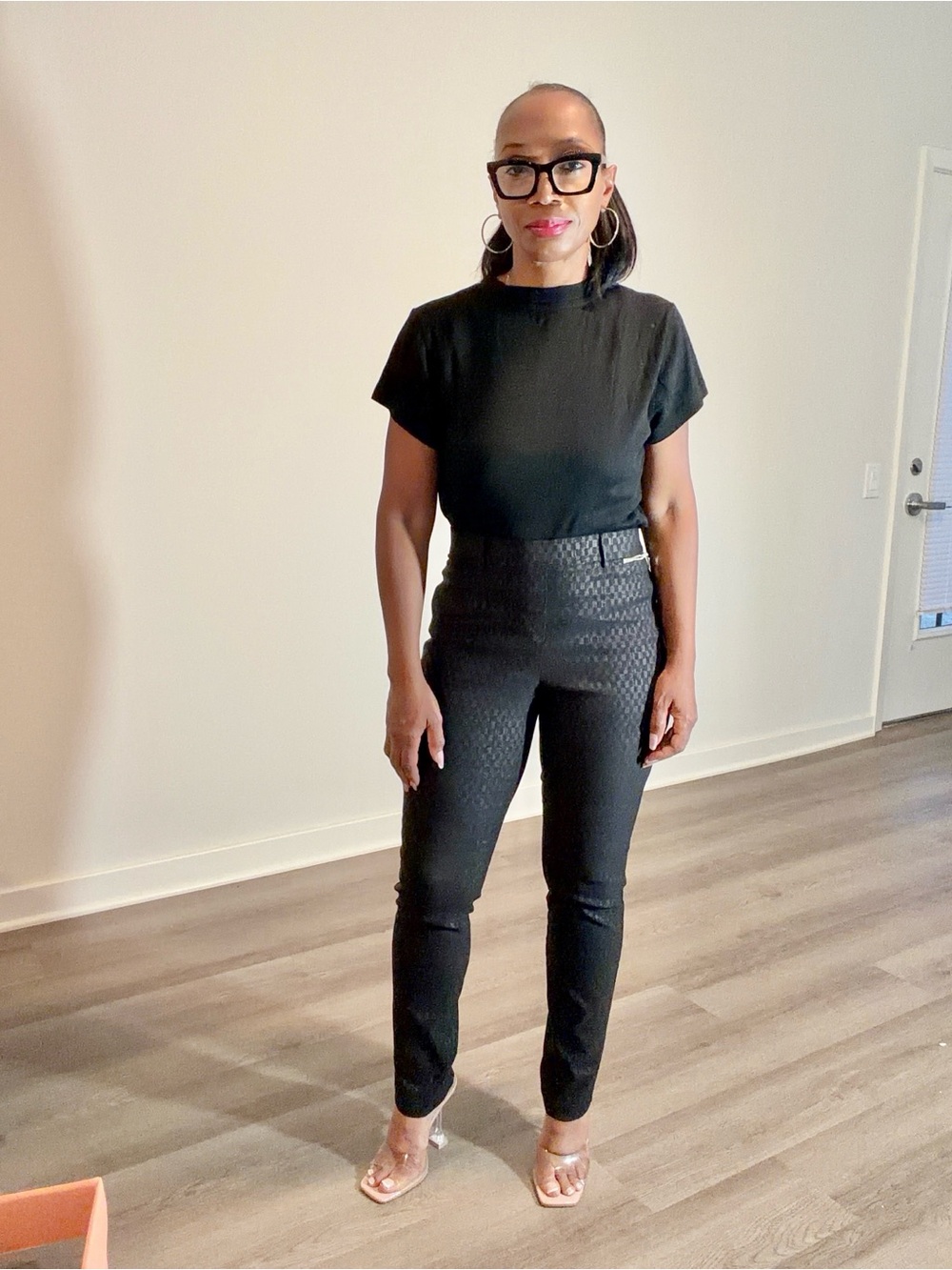 Black High-Waist Textured Pants
